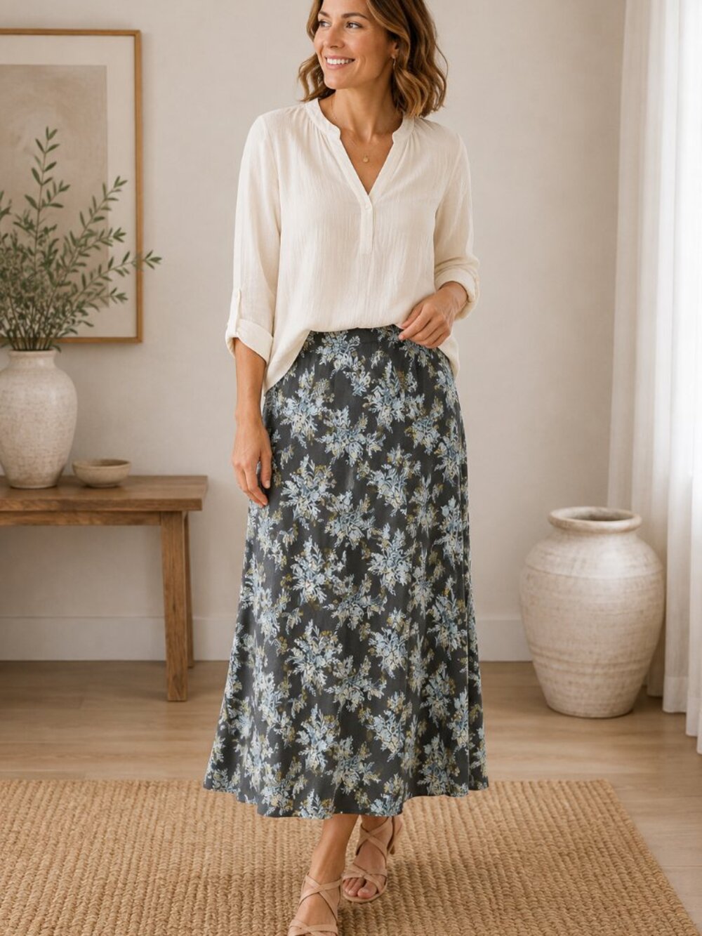 J. Jill Olive Green Blue Gold Floral Botanical Flowy Boho Maxi Skirt Cottage L